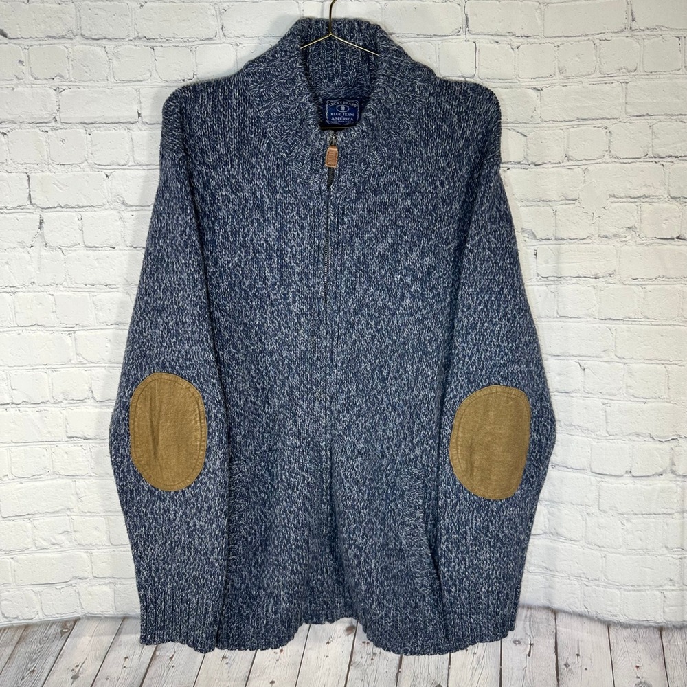 Lucky Brand Mens XXL Blue Marled Cotton Wool Full Zip Cardigan Elbow Patches